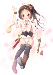 Rule 34 | 1girl, arm up, blush, boots, fundoshi, japanese clothes, long hair, looking at viewer, open mouth, original, pu-en, red eyes, ribbon-trimmed sleeves, ribbon trim, short hair, short hair with long locks, solo, sword, taiko sticks, thighhighs, underwear, waving, weapon