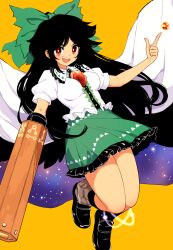 Rule 34 | 1girl, arm cannon, atom, bird wings, black footwear, black hair, black socks, black wings, bow, breasts, cape, center frills, commentary request, constellation print, control rod, feathered wings, frilled shirt collar, frilled skirt, frills, green bow, green skirt, hair bow, happy, highres, kneehighs, loafers, long hair, looking at viewer, maguro (mawaru sushi), medium breasts, red eyes, reiuji utsuho, shirt, shoes, simple background, skirt, smile, socks, third eye on chest, touhou, two-sided fabric, very long hair, weapon, white cape, white shirt, wings, yellow background