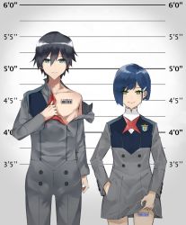 Rule 34 | 10s, 1boy, 1girl, barcode, barcode tattoo, black hair, blue-framed eyewear, blue eyes, blue hair, couple, darling in the franxx, eyes visible through hair, green eyes, hair ornament, hairclip, hand in pocket, height chart, highres, hiro (darling in the franxx), ichigo (darling in the franxx), kaz (kaazzz0416), lifted by self, lineup, looking at viewer, military, military uniform, mugshot, necktie, red neckwear, short hair, smile, smirk, tattoo, uniform
