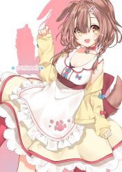 Rule 34 | 1girl, :d, absurdres, animal ears, apron, blunt bangs, bone hair ornament, braid, breasts, brown hair, center frills, center opening, character name, cleavage, collar, cowboy shot, dog ears, dog girl, dog tail, frilled apron, frilled skirt, frills, fujidouyuu, hair between eyes, hair ornament, hairclip, highres, hololive, inugami korone, inugami korone (1st costume), jacket, medium hair, open mouth, paw print, petticoat, pink collar, romaji text, short braid, skirt, sleeves past wrists, smile, solo, tail, twin braids, virtual youtuber, white apron, yellow eyes, yellow jacket, yellow skirt