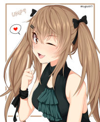 Rule 34 | 1girl, ;3, ;d, ascot, bare shoulders, black bow, black dress, blue ascot, blush, bow, breasts, bright pupils, brown eyes, brown hair, character name, child (isoliya), commentary, dress, english commentary, fang, girls&#039; frontline, hair between eyes, hair bow, hair ornament, hairclip, hand up, heart, highres, index finger raised, long hair, looking at viewer, medium breasts, official alternate costume, one eye closed, open mouth, ribbon, sidelocks, sleeveless, sleeveless dress, smile, solo, speech bubble, spoken heart, twintails, twitter username, two-tone background, ump9 (girls&#039; frontline), ump9 (the world&#039;s melody) (girls&#039; frontline), wrist ribbon