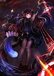 Rule 34 | 10s, 1girl, absurdres, abyssal ship, arm up, black dress, black hair, black hat, blue tongue, cannon, colored tongue, dress, full body, hat, highres, isolated island oni, kaamin (mariarose753), kamindani, kantai collection, looking at viewer, pantyhose, red eyes, smirk, solo, tongue, tongue out