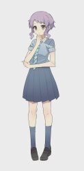 Rule 34 | 1girl, black footwear, blue shirt, blue skirt, blue socks, checkered necktie, closed mouth, commentary, expressionless, flat chest, full body, george man, hand on own chin, highres, idolmaster, idolmaster million live!, legs, looking at viewer, makabe mizuki, necktie, pleated skirt, purple hair, school uniform, shirt, short hair, short sleeves, sidelocks, skirt, socks, solo, standing, wavy hair, white background, wing collar, yellow eyes