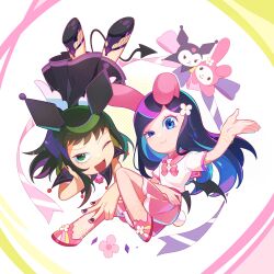 Rule 34 | 2girls, angel and devil, angel wings, animal ears, anklet, black hair, black skirt, blue hair, bow, bowtie, bracelet, closed mouth, colored inner hair, cosplay, crossover, demon girl, demon tail, demon wings, eyelashes, fishnets, floating, flower, frown, full body, green eyes, green hair, hair flower, hair ornament, hand on own cheek, hand on own face, head on hand, head rest, highres, jester costume, jewelry, knee up, korean commentary, kurata tome, kuromi, kuromi (cosplay), long hair, looking at viewer, miniskirt, mino minyong, mob psycho 100, multicolored hair, multiple girls, my melody, my melody (cosplay), no feet, onegai my melody, open mouth, outstretched arm, paw print soles, pink bow, pink bowtie, pink footwear, pink sailor collar, pink skirt, pleated skirt, purple hair, purple nails, rabbit, rabbit ears, rabbit tail, ribbon, sailor collar, sanrio, school uniform, serafuku, shoe soles, skirt, skull ornament, smile, streaked hair, swept bangs, tail, takane tsubomi, thighhighs, uneven eyes, upside-down, w, white background, white flower, wings