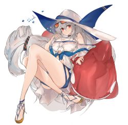 Rule 34 | 1girl, arknights, bare legs, black choker, blue shorts, blush, breasts, character name, choker, cleavage, closed mouth, commentary, criss-cross halter, crossed legs, eyewear on head, full body, hair between eyes, halterneck, hand in own hair, hat, large breasts, long hair, looking at viewer, low-tied long hair, mikozin, off-shoulder shirt, off shoulder, official alternate costume, red eyes, sandals, shirt, short shorts, shorts, silver hair, simple background, skadi (arknights), skadi (waverider) (arknights), solo, stuffed whale, sun hat, sunglasses, thighs, tinted eyewear, white background, white hat, white shirt, yellow footwear