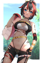 Rule 34 | 1girl, black gloves, black hair, blue eyes, blue sky, borrowed character, breasts, cloud, commission, copyright request, covered navel, day, fingerless gloves, fishnets, gloves, highres, izumi kei, looking at viewer, medium breasts, multicolored hair, outdoors, red hair, short hair, shoulder tattoo, skeb commission, sky, smile, solo, tattoo, two-tone hair