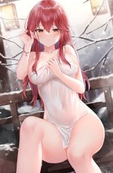 Rule 34 | 1girl, absurdres, bracelet, breasts, collarbone, commission, covering one breast, covering privates, hand up, highres, jewelry, large breasts, liliya (kaetzchen), long hair, looking at viewer, naked towel, navel, nude cover, orange eyes, original, parted lips, red hair, shouu-kun, sitting, snow, snowing, solo, towel, wet