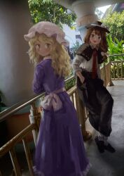 Rule 34 | 2girls, :d, against railing, black dress, blonde hair, blush, bow, brown eyes, brown hair, capelet, crossed ankles, dress, fedora, feet out of frame, full body, hat, hat bow, highres, himuhino, light smile, looking at another, looking at viewer, looking back, maribel hearn, mob cap, multiple girls, necktie, open mouth, outdoors, people, photo background, purple dress, railing, real life, red necktie, smile, standing, touhou, usami renko, wavy hair, white bow, yellow eyes