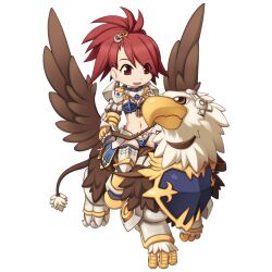 Rule 34 | 1girl, armor, armored boots, barding, bikini armor, black thighhighs, boots, breasts, chibi, cross hair ornament, cross of prontera, eyes visible through hair, faulds, full body, gauntlets, griffin, gryphon (ragnarok online), hair between eyes, hair ornament, high heels, high ponytail, jewelry, leg armor, long bangs, long hair, looking at animal, navel, necklace, official art, open mouth, pauldrons, ragnarok online, red hair, reins, riding, royal guard (ragnarok online), shoulder armor, simple background, small breasts, smile, solo, standing, tachi-e, thighhighs, transparent background, yuichirou