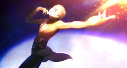 Rule 34 | 10s, 1boy, blonde hair, bodysuit, cowboy shot, eyelashes, figure skating, fingerless gloves, from side, glint, gloves, glowing, hair slicked back, highres, kanamura ren, katsuki yuuri, light particles, looking away, looking up, male focus, outstretched arm, parted lips, solo, stage lights, sweat, yuri!!! on ice