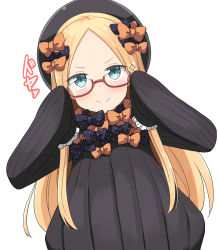 Rule 34 | 1girl, abigail williams (fate), aikawa ryou, black bow, black hat, blonde hair, blue eyes, blush, bow, commentary request, doyagao, dress, fate/grand order, fate (series), glasses, hair bow, hat, highres, long hair, long sleeves, looking at viewer, multiple hair bows, orange bow, parted bangs, polka dot, polka dot bow, sleeves past fingers, sleeves past wrists, smug, solo