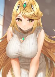 Rule 34 | 1girl, :o, blonde hair, breasts, chest jewel, cleavage, cleavage cutout, closed mouth, clothing cutout, commentary request, cowboy shot, earrings, edamameoka, gem, green gemstone, highres, indoors, jewelry, large breasts, leaning forward, light rays, light smile, long hair, looking at viewer, mythra (xenoblade), ribbed sweater, shiny skin, sidelocks, single bare shoulder, solo, sweater, swept bangs, tiara, very long hair, window, xenoblade chronicles (series), xenoblade chronicles 2, yellow eyes