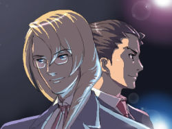 Rule 34 | 2boys, blonde hair, brown hair, capcom, closed mouth, formal, kristoph gavin, glasses, ace attorney, apollo justice: ace attorney, hair over shoulder, lens flare, light, lowres, male focus, matsudo aya, multiple boys, phoenix wright, profile, rimless eyewear, smile, smirk, suit, upper body