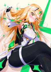 Rule 34 | 1girl, blonde hair, blush, breasts, crossed legs, gloves, highres, legs, long hair, mythra (massive melee) (xenoblade), mythra (xenoblade), nintendo, pantyhose, resolution mismatch, sitting, skirt, source larger, super smash bros., swept bangs, thigh strap, thighs, tsundere, very long hair, xenoblade chronicles (series), xenoblade chronicles 2, yellow eyes