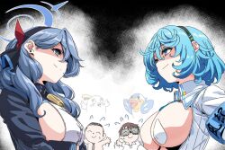 Rule 34 | 2boys, 2girls, ako (blue archive), armband, doodle sensei (blue archive), bell, black hairband, blue archive, blue armband, blue eyes, blue hair, blue halo, breasts, closed mouth, commentary request, copyright request, cowbell, crossover, eye contact, hairband, halo, large breasts, looking at another, medium hair, multiple boys, multiple girls, neck bell, pasties, peroro (blue archive), sensei (blue archive), shirt, short hair, smile, wakoudo, white shirt