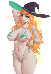 Rule 34 | 1girl, :d, absurdres, arm up, bikini, bracelet, breasts, collarbone, cowboy shot, curvy, earrings, green bikini, groin, hat, highleg, highleg bikini, highres, jewelry, large breasts, log pose, long hair, looking at viewer, melowh, micro bikini, nami (one piece), navel, one piece, open mouth, orange eyes, orange hair, pearl earrings, shiny skin, shoulder tattoo, skindentation, smile, solo, stomach, strap gap, swimsuit, tattoo, teeth, thong, thong bikini, wavy hair, wide hips, witch hat
