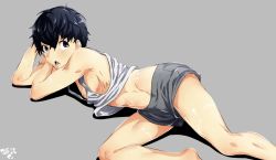 Rule 34 | 1boy, abs, arizuka (catacombe), black hair, clothes lift, grey background, highres, looking at viewer, lying, male focus, navel, nipples, on side, open mouth, original, red mask (arizuka), shirt, shirt lift, shorts, signature, simple background, solo, tank top