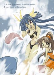 Rule 34 | 2girls, :o, animal, arc system works, bad anatomy, bare arms, bare shoulders, belt, bikini, dizzy (guilty gear), dress, guilty gear, hair ribbon, long hair, may (guilty gear), multiple girls, open mouth, orange dress, orange shirt, ribbon, shirt, splashing, swimsuit, twintails, very long hair, whale