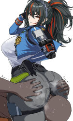 1boy 1girl ass ass_focus black_gloves blue_jacket breasts commentary dark-skinned_male dark_skin expressionless faceless from_behind gloves hair_between_eyes hashtag-only_commentary head_between_thighs hella_p highres huge_ass huge_breasts interracial jacket long_hair looking_back looking_down metal_hairband multicolored_hair orange_eyes orange_hair parted_lips police police_uniform ponytail scissorhold shirt sidelocks simple_background sitting sitting_on_face sitting_on_person solo_focus steaming_body streaked_hair sweatdrop symbol-only_commentary two-tone_hair white_background white_shirt wide_hips zenless_zone_zero zhu_yuan