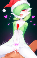 Rule 34 | 1boy, 1girl, absurdres, blush, collarbone, colored skin, commentary, creatures (company), cum, english commentary, fur trim, game freak, gardevoir, gen 3 pokemon, girl on top, hair over one eye, hat, heart, hetero, highres, navel, nintendo, open mouth, penis, pokemon, pokemon (creature), pubic tattoo, pussy, red eyes, red headwear, ricegnat, santa hat, sex, short hair, smile, solo focus, straddling, tattoo, tongue, vaginal, white skin