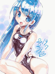 Rule 34 | 1girl, black one-piece swimsuit, blue eyes, blue hair, collarbone, commentary request, competition swimsuit, cowboy shot, dated, highleg, highleg swimsuit, kantai collection, long hair, looking at viewer, miuku (marine sapphire), one-piece swimsuit, open mouth, samidare (kancolle), signature, sitting, solo, swept bangs, swimsuit, translation request, very long hair, yokozuwari