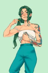 Rule 34 | 1girl, arm tattoo, blue pants, clothes lift, coral island, double strap slip, green background, green hair, lifted by self, long hair, looking at viewer, nose piercing, pants, piercing, ponytail, shirt lift, solo, standing, tattoo, thom sketching, yuri (coral island)