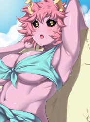 Rule 34 | 10s, 1girl, arm up, armpits, ashido mina, bikini, black sclera, blue bikini, blush, boku no hero academia, breasts, cleavage, cloud, colored sclera, colored skin, day, front-tie bikini top, front-tie top, highres, horns, large breasts, looking at viewer, moisture (chichi), navel, open mouth, pink hair, pink skin, short hair, sky, solo, swimsuit, underboob, wet, yellow eyes