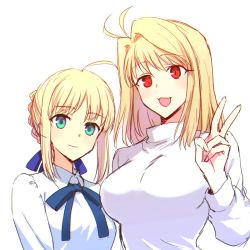 Rule 34 | 2girls, ahoge, antenna hair, arcueid brunestud, artoria pendragon (all), artoria pendragon (fate), blonde hair, blue eyes, braid, breasts, company connection, cowboy shot, crossover, fate/stay night, fate (series), french braid, green eyes, hair intakes, highres, large breasts, long hair, looking at viewer, multiple girls, red eyes, saber (fate), sbs, small breasts, smile, tsukihime, turtleneck, type-moon, v, white background