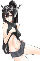 Rule 34 | 10s, 1girl, abs, alternate hairstyle, bad id, bad twitter id, black hair, clothes lift, denim, denim shorts, hair up, headgear, kantai collection, light smile, long hair, looking at viewer, midriff, nagato (kancolle), navel, ponytail, red eyes, ribbed sweater, ruuto (sorufu), shirt lift, shorts, simple background, sitting, sleeveless, sleeveless turtleneck, solo, sweater, turtleneck, white background