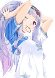 Rule 34 | 1girl, ;), animal print, asymmetrical sleeves, black hairband, breasts, butterfly print, hairband, high ponytail, idolmaster, idolmaster (classic), long hair, looking at viewer, medium breasts, miri (ago550421), mouth hold, one eye closed, print shirt, purple eyes, shijou takane, shirt, short sleeves, silver hair, simple background, smile, solo, sparkle, star (symbol), star print, tying hair, uneven sleeves, upper body, very long hair, white background, white shirt