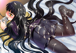 Rule 34 | 1girl, ass, bed, black hair, blush, bukkake, controller, cum, cum on body, cum on clothes, cum on hair, cum on lower body, cum on upper body, cum pool, feet, female protagonist (houkago play), game controller, gamepad, houkago play, kouki kuu, long hair, lowres, lying, pantyhose, playing games, solo, very long hair, video game, yellow eyes