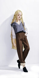 Rule 34 | 1boy, absurdres, against wall, androgynous, atamagaitai, belt, black belt, black footwear, blonde hair, blue sweater vest, braid, brown pants, contemporary, elden ring, fashion, full body, hand in pocket, highres, loafers, long hair, looking at viewer, miquella (elden ring), multiple braids, nose piercing, nose ring, pants, piercing, shadow, shirt, shoes, sleeves rolled up, standing, sweater vest, trap, very long hair, white shirt, yellow eyes