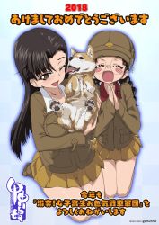 Rule 34 | 10s, 2018, 2girls, asymmetrical bangs, black hair, blush stickers, braid, brown eyes, brown footwear, brown jacket, checkered background, dog, dog request, fukuda haru, gemu555, girls und panzer, glasses, gradient background, helmet, holding, jacket, kacchu musume, licking, licking another&#039;s face, long hair, long sleeves, military, military uniform, miniskirt, multiple girls, new year, nishi kinuyo, no shoes, one eye closed, open mouth, own hands together, pleated skirt, round eyewear, seiza, sitting, skirt, smile, socks, translation request, twin braids, uniform, yellow skirt