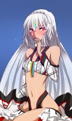 Rule 34 | 1girl, altera (fate), bare shoulders, black nails, blush, dark-skinned female, dark skin, detached sleeves, fate/grand order, fate (series), highres, himo, jewelry, nail polish, navel, red eyes, ring, short hair, smile, solo, tattoo, tears, veil