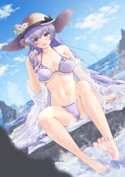 Rule 34 | 1girl, armpit crease, azur lane, barefoot, bikini, black ribbon, blue eyes, blue sky, blush, breasts, cloud, cloudy sky, collarbone, day, dutch angle, eyelashes, feet, flower, full body, hair flower, hair ornament, hand up, hat, hat flower, hat ribbon, highres, ishi (user vcwg3733), large breasts, legs, long hair, lower teeth only, nail polish, navel, official alternate costume, open mouth, outdoors, partially visible vulva, purple bikini, purple hair, ribbon, rock, rodney (azur lane), rodney (future seaside admiral) (azur lane), see-through, see-through sleeves, shiny skin, sitting, sky, soaking feet, soles, solo, splashing, straw hat, sun hat, swimsuit, teeth, thighs, toe scrunch, toenail polish, toenails, toes, undersized breast cup, water