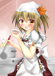 Rule 34 | 1girl, alternate hairstyle, apron, bishamonten&#039;s pagoda, blush, cooking, plate, female focus, hair ornament, head scarf, kuzumomo, ladle, looking at viewer, multicolored hair, pot, ribbon, short sleeves, side ponytail, sleeves rolled up, solo, stove, toramaru shou, touhou, two-tone hair, yellow eyes