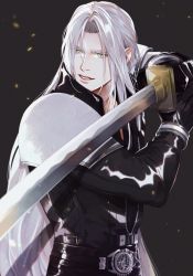 Rule 34 | 1boy, armor, belt, belt buckle, black background, black gloves, black jacket, boooshow, buckle, embers, fighting stance, final fantasy, final fantasy vii, gloves, green eyes, grey hair, high collar, highres, holding, holding sword, holding weapon, jacket, katana, long bangs, long hair, long sleeves, looking to the side, male focus, masamune (ff7), parted bangs, parted lips, sephiroth, shoulder armor, slit pupils, solo, square enix, sword, teeth, upper body, weapon