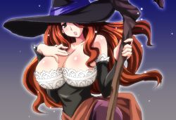 Rule 34 | 1girl, bare shoulders, breasts, brown eyes, brown hair, chirorian, cleavage, detached sleeves, dragon&#039;s crown, dress, female focus, gradient background, hat, hat over one eye, large breasts, long hair, oekaki, one eye covered, solo, sorceress (dragon&#039;s crown), staff, strapless, strapless dress, vanillaware, witch hat