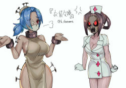 Rule 34 | 2girls, angry, blue hair, breasts, breath, brown hair, chamame, collar, cosplay, costume switch, cowboy shot, cuffs, eyepatch, gloves, hat, large breasts, latex, latex gloves, mask, multiple girls, nurse cap, open mouth, painwheel (skullgirls), painwheel (skullgirls) (cosplay), pelvic curtain, ponytail, red eyes, shackles, shrugging, sigh, skullgirls, valentine (skullgirls), valentine (skullgirls) (cosplay), veins, white background, wide hips