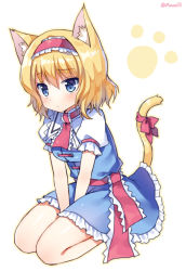 Rule 34 | 1girl, :&lt;, alice margatroid, animal ears, between legs, blue eyes, blue skirt, cat ears, cat tail, hairband, hand between legs, kemonomimi mode, mauve, ribbon, short hair, simple background, sitting, skirt, solo, tail, tail ornament, tail ribbon, touhou, twitter username, v arms, wariza, white background