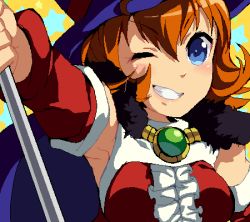 Rule 34 | 1girl, ;), blue eyes, blush, breasts, brooch, brown hair, cape, detached sleeves, enoo, frills, fur collar, grin, hairband, holding, jaggy lines, jewelry, long hair, looking at viewer, lowres, maya schrodinger, medium breasts, oekaki, one eye closed, outstretched arm, short hair, smile, solo, staff, star (symbol), starry background, wild arms, wild arms 3