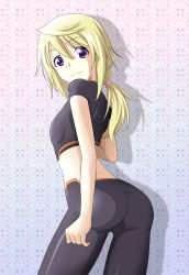 Rule 34 | 10s, 1girl, alternate breast size, ass, back, barokkusu, blonde hair, blush, bodysuit, charlotte dunois, cowboy shot, crop top, crossdressing, flat chest, from side, gradient background, hair between eyes, infinite stratos, light smile, long hair, looking at viewer, looking back, low ponytail, midriff, pilot suit, polka dot, polka dot background, ponytail, purple eyes, reverse trap, scrunchie, shadow, skin tight, smile, solo, spandex, split mouth