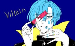 Rule 34 | bandaid, bandaid on face, blue background, blue eyes, blue hair, cape, chocoburauni, eyelashes, gakuran, makeup, paint, parted lips, pink eyes, popped collar, school uniform, simple background, smile, solo, song name, teardrop, upper body, villain (vocaloid), vocaloid
