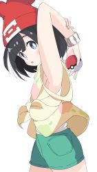 Rule 34 | 1girl, :o, absurdres, armpits, arms behind head, bad id, bad pixiv id, beanie, black hair, blush, bracelet, bright pupils, commentary, creatures (company), floral print, from side, game freak, green shorts, grey eyes, hat, highres, holding, holding poke ball, jewelry, looking at viewer, medium hair, nintendo, poke ball, poke ball (basic), pokemon, pokemon sm, red hat, selene (pokemon), shirt, short sleeves, shorts, simple background, solo, standing, stretching, tied shirt, walking, white background, yellow shirt, yuki yukki12