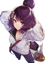 Rule 34 | 1girl, akieda, arms behind head, arms up, blush, breasts, closed mouth, fate/grand order, fate (series), hair bun, hair ornament, hairpin, highres, katsushika hokusai (fate), katsushika hokusai (traveling outfit) (fate), looking at viewer, official alternate costume, simple background, single hair bun, smile, solo, sweater, tokitarou (fate), white background, white sweater