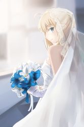 Rule 34 | 1girl, absurdres, ahoge, artist name, artoria pendragon (all), artoria pendragon (fate), bad id, bad pixiv id, blonde hair, blue eyes, bouquet, bridal veil, bride, dress, elbow gloves, fate/stay night, fate (series), flower, from side, gloves, highres, looking at viewer, looking back, magicians (zhkahogigzkh), official alternate costume, saber (fate), saber (royal dress) (fate), smile, solo, strapless, strapless dress, veil, wedding dress