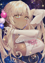 Rule 34 | 1girl, :o, adjusting hair, backless outfit, belt, breasts, dark-skinned female, dark skin, elbow gloves, gloves, hair ornament, halterneck, highres, hololive, hololive english, large breasts, long hair, looking at viewer, planet hair ornament, platinum blonde hair, sideboob, sidelocks, sky, solo, space, star (sky), starry sky, starry sky print, tsukumo sana, tsukumo sana (1st costume), twintails, underbust, upper body, very long hair, virtual youtuber, wenz, white gloves, yellow eyes