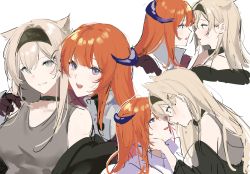 Rule 34 | 2girls, absurdres, animal ears, aqua eyes, arknights, bagpipe (arknights), bare shoulders, black choker, black hairband, blonde hair, choker, eye contact, grey shirt, grin, hairband, hand on another&#039;s shoulder, highres, horn (arknights), horns, imminent kiss, joshua (shisanli934), long hair, looking at another, looking at viewer, multiple girls, multiple views, off shoulder, open mouth, orange hair, purple eyes, saliva, saliva trail, shirt, simple background, sleeveless, sleeveless shirt, smile, tongue, tongue out, upper body, white background, wolf ears, yuri
