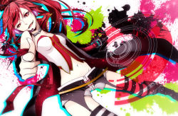 Rule 34 | 1girl, arikoshi (good-speed), bare shoulders, belt, boots, choker, colored eyelashes, cul, foreshortening, garter belt, headset, long hair, looking at viewer, navel, open mouth, pointing, ponytail, red eyes, red hair, shorts, smile, solo, striped clothes, striped thighhighs, thighhighs, vocaloid