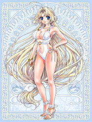 Rule 34 | 1girl, anklet, antenna hair, armpits, blonde hair, blue background, blue eyes, border, bracelet, breasts, casual one-piece swimsuit, cleavage, collarbone, contrapposto, full body, hair intakes, hair ribbon, hand on own hip, high heels, hip focus, jewelry, large breasts, legs, light smile, long hair, long legs, looking at viewer, low-tied long hair, nail polish, navel, o-ring, o-ring swimsuit, one-piece swimsuit, parted bangs, red nails, ribbon, sandals, shoes, silver rain, smile, solo, standing, swimsuit, sylvia bloomfield, toenail polish, toenails, very long hair, white one-piece swimsuit, yoshinaga yuki